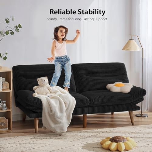 Pipishell Futon Sofa Bed, Modern 66" Futon Couch Convertible to Bed & Lounger, Compact Size, Corduroy Loveseat, Durable Construction - Fits Small Spaces, Apartments,Study Room(Ink Black, 66 Inch) Pipishell