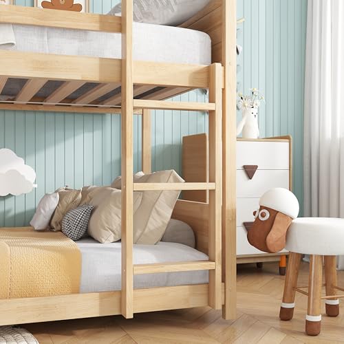 Ball & Cast Twin Over Twin House Bunk Bed for Kids,Rubber Wood Bunk Bed with Headboards, Footboards and Guardrails, Ladder,Twin Size House Shaped Bunk-Bed, No Box Spring Needed,White Oak Ball & Cast