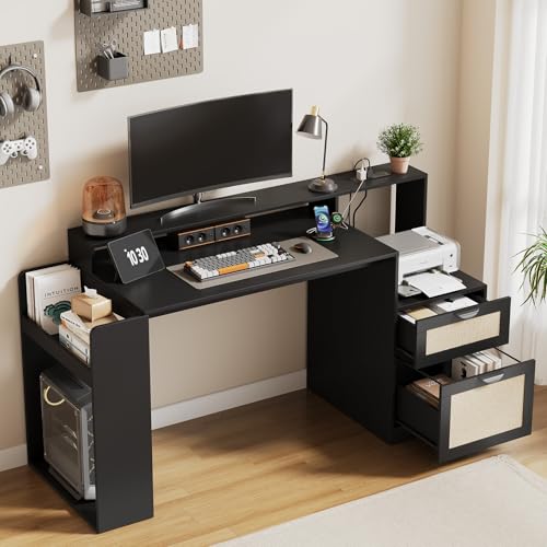 Vividwood Farmhouse Computer Desk with Drawers and Power Outlets, 60” Home Office Desk with Adjustable File Drawer, Cat Scratching Pad, Printer Stand, Shelves & Monitor Riser, Black Vividwood