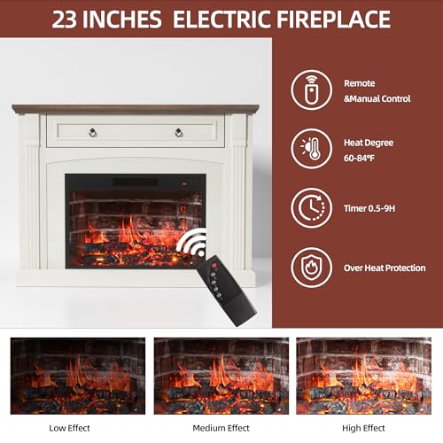 AHB Corner TV Stand with Remote Control, Electric Fireplace with Wooden Mantel, Entertainment Center with Efficient Heating System, Adjustable Brightness Realistic Flame(White) AHB
