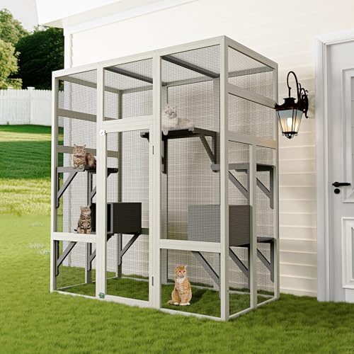 70'' Large Catio Outdoor Cat Enclosure with Perches and Condos, Wood Cat Patio with Waterproof Roof, Feral Cats Shelter 5 Platforms & 2 Resting Box, UV-Resistant PC Roof GarveeLife