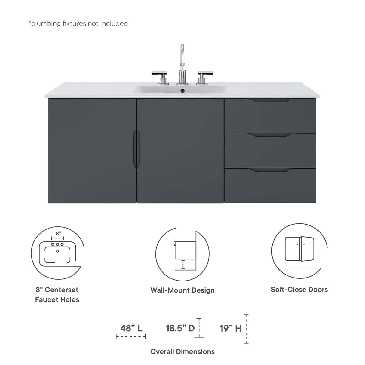 Modway Vitality 48" Single Sink Wall-Mount Bathroom Vanity in Gray White, 47.5 x 47 x 50 Modway
