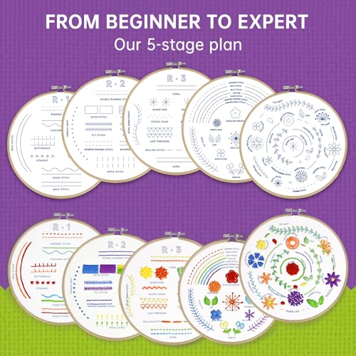 CYANFOUR 5 Stage Starter Embroidery Kit for Beginners Adults and Teens, Easy to Learn 33 Different Stitches from Video & Instruction, Needlepoint Kits for Adults