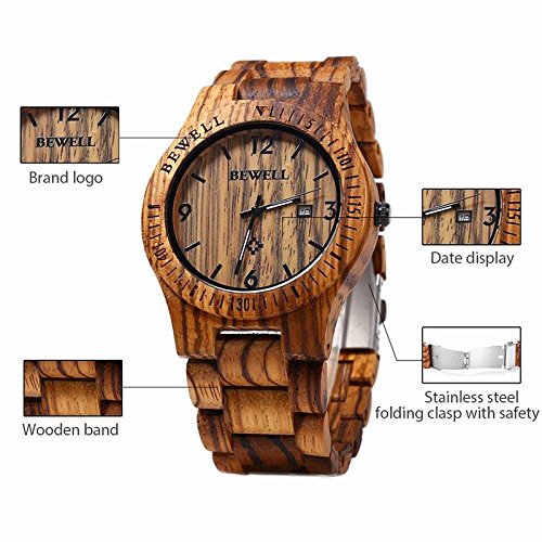 BEWELL Wooden Watch Fashion Handmade Sports Mens Wooden Watch Analog Quartz Lightweight Handmade Wood Wrist Watch BEWELL