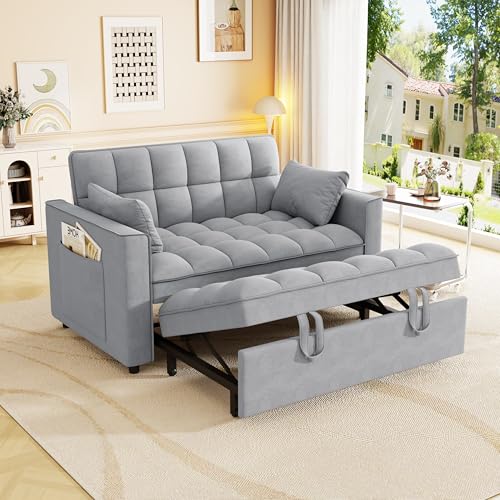 Yeehacc 3 in 1 Convertible Sleeper Sofa Bed, Pull Out Couch Loveseat Futon, Adjustable Backrest Velvet Sofa with Pillows and Side Pockets for Living Room Apartment, Light Grey Yeehacc