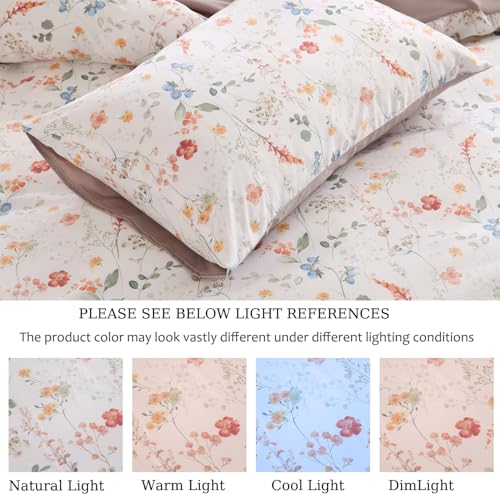 Zusbest Botanical Floral Duvet Cover Queen 100% Cotton Orange Blue Flower Patterned Bedding Beige Tan Comforter Cover with Zipper, Soft Skin-Friendly, Luxury Minimalist Wildflower Print Bed Set, 3Pcs Zusbest