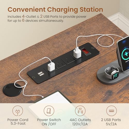 SEDETA L Shaped Electric Standing Desk with File Cabinet, 63 x 53'' Height Adjustable Home Office Computer Desk with 3 Drawers, Power Outlet, Stand up Gaming Table with Led Lights, Rustic Brown SEDETA