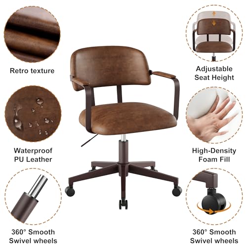 BERYTH Home Office Desk Chair, Mid-Century Style Desk Chair with Padded Arms, Adjustable Seat Height, Mid Back 360° Small Computer Chair with Mobile Mute Wheel, PU Leather (Brown) BERYTH