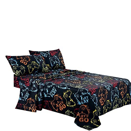 Chezmoi Collection 4-Piece Kids/Teens Gamer Sheet Set - Soft Microfiber Multi-Color Video Games Gamepad Whimsical Fun Kids Sheets, Full Size Chezmoi Collection