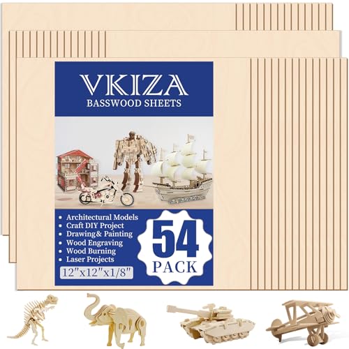 VKIZA 54 Packs Basswood Sheets 12"x12"x1/8", 3mm Basswood for Laser Cutting and Engraving, Thin Plywood Board Unfinished Wood for Crafts, DIY Ornaments and Architectural Model, Wood Burning. VKIZA
