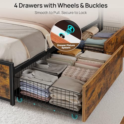 Rolanstar Queen Bed Frame with 4 Storage Drawers, Charging Station and LED Lights, Metal Platform Bed with 2-Tier Storage Headboard, No Box Spring Needed, Easy Assembly, Noise-Free, Rustic Brown Rolanstar