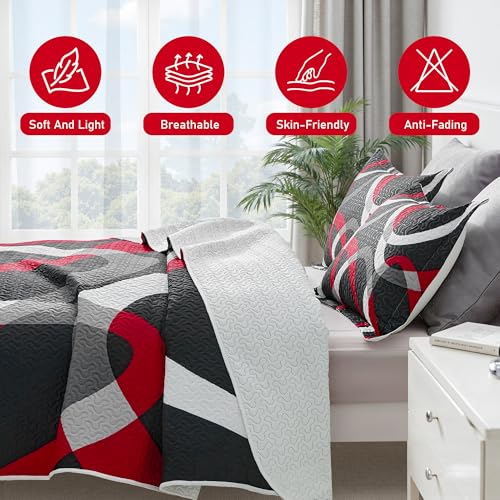 weesire Black and Red Bedding Quilt King Size with 2 Shams, Modern Stripe Comforter Sets Classic Line Pattern Bedspreads Grey and Red Coverlet, 96''x106'' weesire