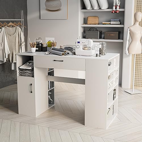 COSTWAY 36” Counter Height Sewing Table, 53 Inch Artwork Craft Table with 14 Open Compartments, 3-Position Adjustable Shelf, 1 Drawer & Cabinet, Project Center Desk Drafting Sewing Workstation, White COSTWAY