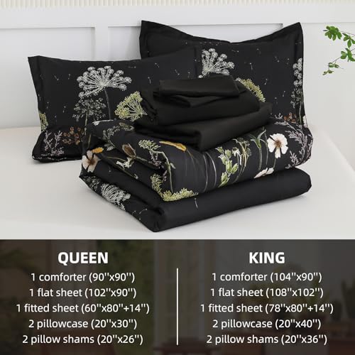Yiran King Size Comforter Set, 7 Piece Comforter Floral Black Green Bedding Set, Soft Bed in a Bag King, Comforter, Sheets, Pillowcases & Shams Yiran