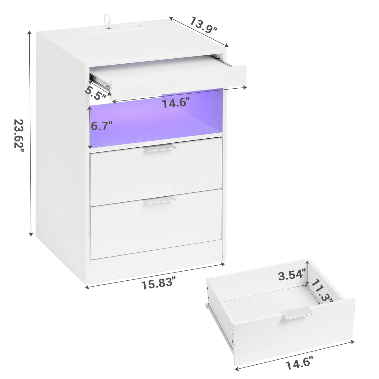 Tiptiper LED Nightstand with Wireless Charging Station, Bedside Table with LED Lights, End Table with 2 Drawers, 1 Pull-Out Tray and Open Storage, Modern Night Stand with USB Ports and Outlets, White Tiptiper