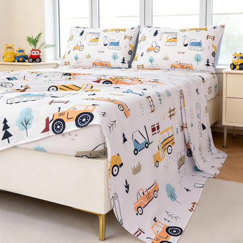 WINLIFE Kids Full Sheet Set 4 Piece Car Printed Constuction Soft Microfiber Bed Sheets - Deep Pocket - Easy Fit - Wrinkle Resistant Cozy Bedding Set for Toddler Boys Girls Teen WINLIFE