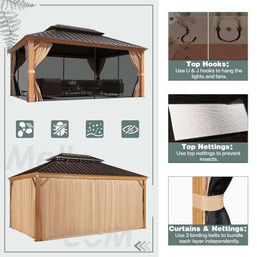 MELLCOM 12' X 16' Hardtop Gazebo, Wooden Finish Coated Aluminum Frame Gazebo with Galvanized Steel Double Roof, Brown Metal Gazebo with Curtains and Nettings for Patios, Gardens, Lawns MELLCOM