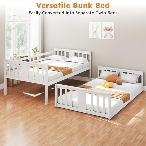 Zevemomo Wooden Low Bunk Bed Twin Over Twin, Solid Pine Bed Frame with Built-in Ladder, Convertible Bed Frame That Separates into 2 Twin Beds, Floor Bunk Bed for Small Spaces, Bedroom, White Zevemomo