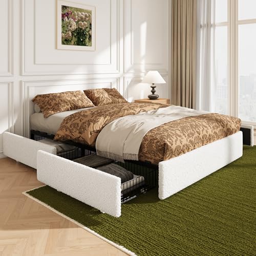 Allewie Full Size Bed Frame with 4 Oversized Storage Drawers, Soft Teddy Fabric, Boucle Upholstered Platform Bed, Wooden Slats Support, Noise-Free, No Box Spring Needed, Easy Assembly, White Allewie