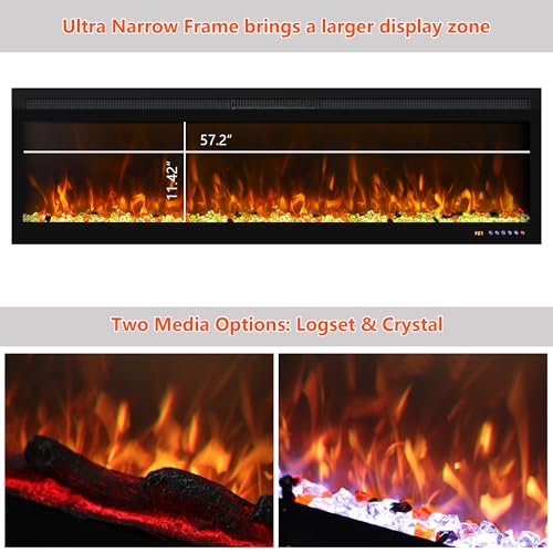 Oxhark Flame 60 Inch, Recessed & Wall Mounted WiFi-Enabled Electric Fireplace Inserts with Remote Control,Timer & Thermostat Fireplace Heater, Log Set & Crystal Options, 750W/1500W, Black Oxhark Flame