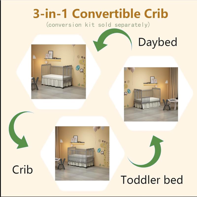 HIROHRTV Baby Crib 3-in-1 Convertible, Modern Baby Bed with Locking Wheels, Convertible Crib to Toddler Bed & Daybed, Wood Cribs for Baby, Nursery, Infant Bed for Small Spaces (Stone Gray) HIROHRTV