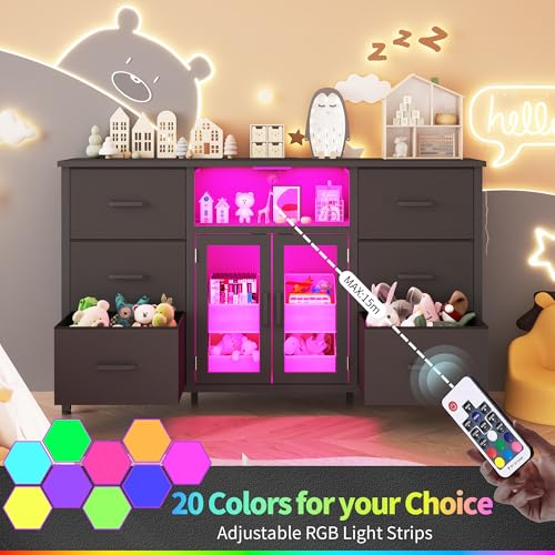 FFBCFDK Black Dresser for Bedroom Dresser TV Stand with Charging Station for 60" TV Long 6 Drawer Dresser for Bedroom with LED Light Large Fabric Dresser Organizer Unit Tall Chest of Drawers for Kids FFBCFDK