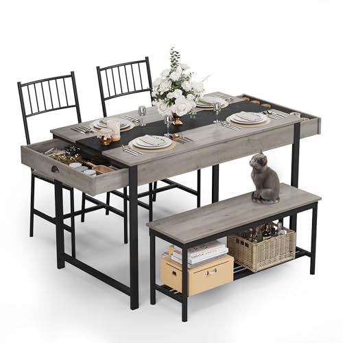 GarveeHome Dining Table Set for 4, Small Kitchen Table and 2 Chairs for 4 with Bench, Space Saving Kitchen Table Set with Storage Rack & Drawers, Breakfast Nook Rectangular Farmhouse Table Set, Grey GarveeHome