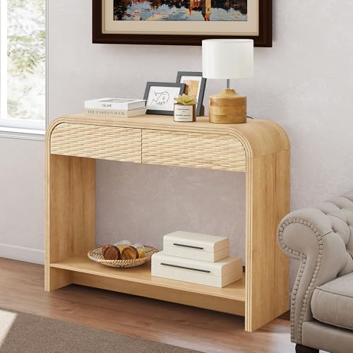 affeivul Curved Console Table Arch with Storage, Narrow Entryway Table with Drawers, 43.3'' Couch Table Behind Sofa Long and Skinny for Living Room TV, Hallway Entrance Foyer, Mid Century Boho Rattan affeivul