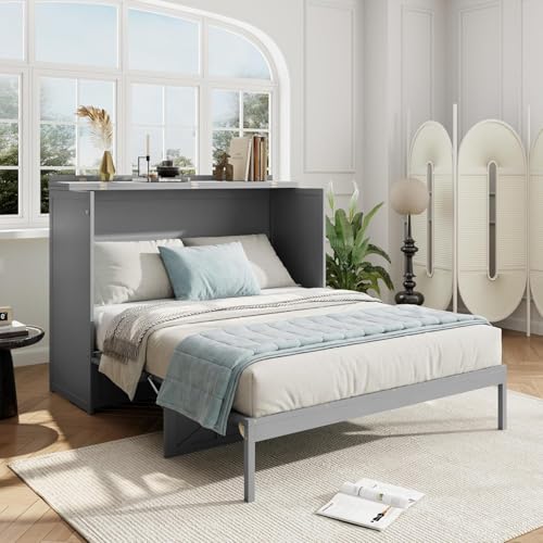 Virubi Queen Farmhouse Murphy Bed with Storage Drawer and Charging Station,Wood Folding Hidden Murphy Chest Bed Cabinet for Adults,Space Saving (Gray)