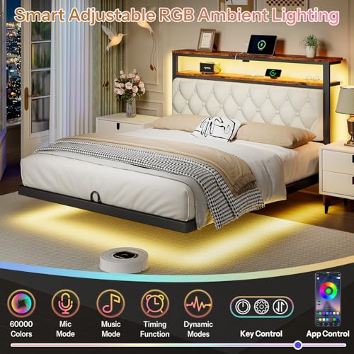ChicZhiNest Queen Floating Bed Frame with Headboard, LED Floating Bed Frames with Charging Station and Upholstered Backrest, Storage Shelf, No Box Spring Needed, Easy Assembly, Noise-Free, Black ChicZhiNest