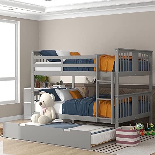 Merax Full Over Full Bunk Bed with Trundle, Convertible to Two Separate Beds, Solid Pine Wood Frame with Safety Guardrail & Headboard/Footboard, Sturdy Durable Design, No Box Spring Needed, Grey Merax