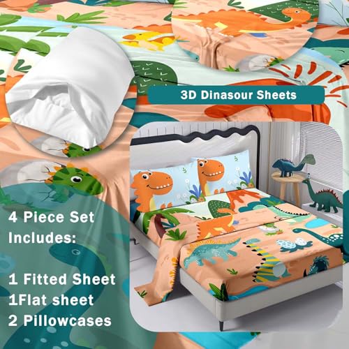 NiuOne 3D Cartoon Dinosaurs Kids Queen Sheets 4Pcs Dinosaurs Bed Sheets,3D Dinasour Pillowcases Decoration Bedroom Bedding Set Queen Size NiuOne
