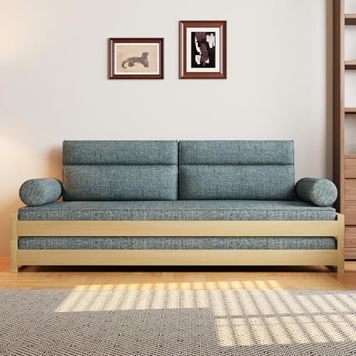 Mid-Century Modern Comfortable Sleeper Sofa Bed for Living Room and Bedroom, Convertible Design for Small Spaces, 82.67”Wx77.16”D Futon Couch with Removable Linen Foam Cushions & Wood Frame, Gray NessCarsti