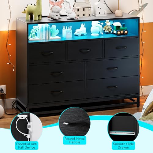 Black Dresser for Bedroom, Wooden Modern 7 Drawers Long Dresser with Charging Station and Led Lights Design, Large Capacity Storage Chest of Drawers, Wide Dresser for Living Room, Hallway GarveeHome