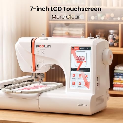 PooLin EOC05(2in1) Sewing and Embroidery Machine 4"x4" & 4"x9.25" Embroidery Size, 130 Built-in Designs 207 Sewing Stitches, 7" Touch Screen with WiFi Transfer, Includes Full Kits & 1-on-1 Training