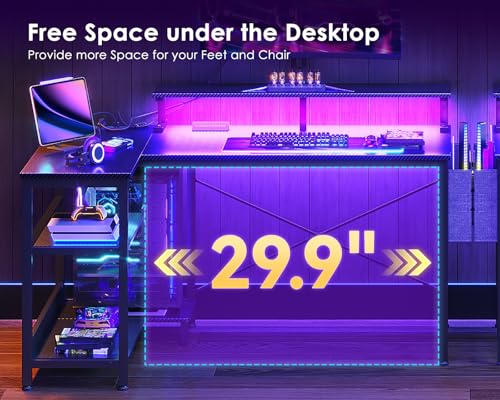 ODK 40 Inch Gaming Desk with USB Power Outlets and LED Lights, Reversible L Shaped Computer Desk with Storage Shelves & Monitor Stand, Corner Home Office Desk Table, Carbon Fiber Surface, Black ODK