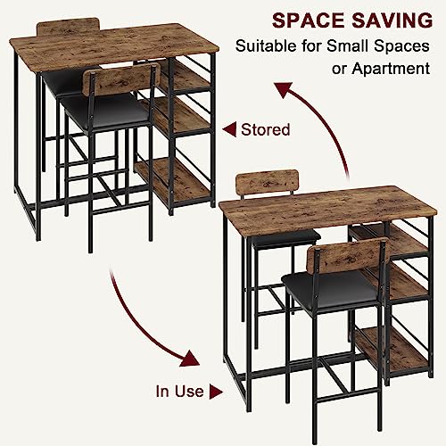 CABIHOME Dining Table Set for 2, Kitchen Table and Upholstered Chairs for 2, 3 Piece Counter Height Bar Table Set with 3 Large Storage Shelves for Small Space, Apartment, Studio, Rustic Brown CABIHOME