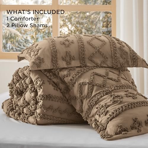 Bedsure Tufted Boho Comforter Set Queen Size - Light Brown Boho Bed Set, GentleSoft™ 3 Pieces Farmhouse Shabby Chic Embroidery Bedding, Gifts for Woman, Jacquard Queen Comforter for All Seasons Bedsure