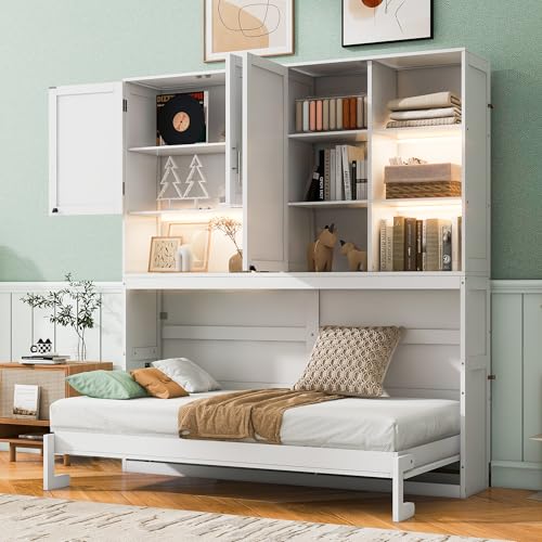 SOFTSEA Twin Murphy Bed with Storage Bookcase and Shelves, Space-Saving Horizontal Wall Bed with LED Light & Charging Stations for Small Spaces, Living Room, Guest Room, Bedroom, Office, White SOFTSEA