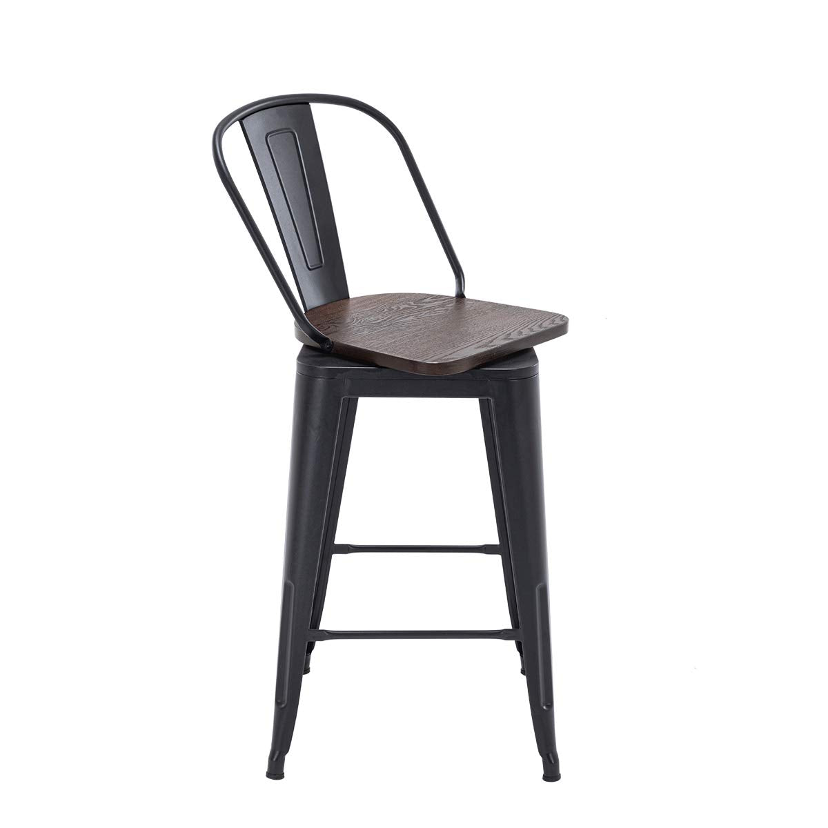 Alunaune 24" Swivel Metal Bar Stools Set of 4 High Back Counter Height Barstools Industrial Dining Bar Chairs with Large Wooden Seat-Matte Black Alunaune
