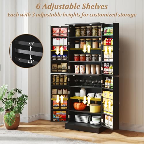 Giantex Kitchen Pantry Cabinet, 65.5" Tall Kitchen Hutch w/8-Tier Storage Cabinet, 16-Tier Door Shelves & Adjustable Shelves, 4-Door Freestanding Buffet Sideboard for Dining Room, Living Room (Black) Giantex