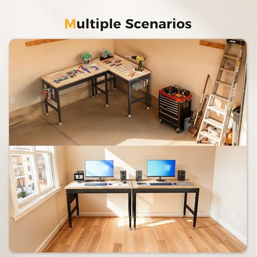 CAMMOO 96" Adjustable Heavy Duty Workbench, 2000 LBS Load Capacity Rubber Wood Work Table with Pegboard, Power Outlets, Work Bench for Garage, Workshop, Office, Home, Commercial, Ships in 2 Boxes CAMMOO