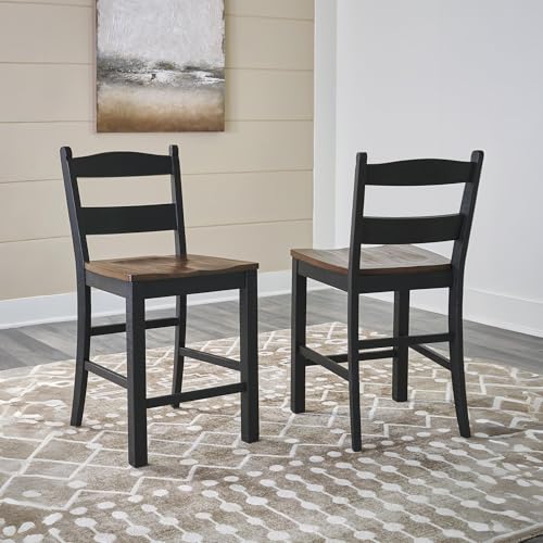 Signature Design by Ashley Valebeck Casual Rustic Counter Height Bar Stool with Contoured Seat and Footrest, Set of 2, Wood, 24" High, Black & Dark Brown Signature Design by Ashley