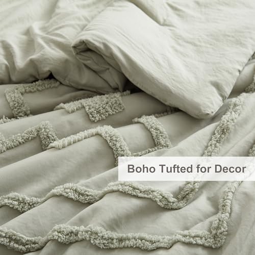 Oli Anderson Boho Tufted Comforter Set King Size, 3 Pcs Soft Jacquard Bedding Set for All Seasons, Shabby Chic Farmhouse Bedding Set with Comforters for All Seasons (Mist Sage, King) Oli Anderson