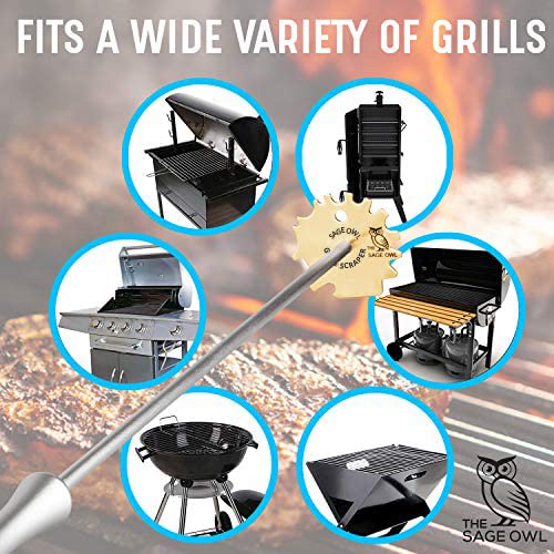 Sage Owl Bristle-Free Brass BBQ Grill Scraper with 17.5” Handle – Safe Universal Grill Cleaner for Outdoor Grills, Porcelain, Grilling Tools, and Kitchen Gadgets - Unique Gifts for Husband Birthday The Sage Owl
