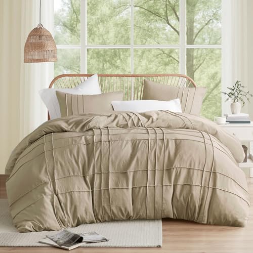 Comfort Spaces Khaki Twin Size Comforter Set - 2 Pieces Pintuck Pleated Bedding Sets, All Season Lightweight, Extra Softness Pre-Washed Microfiber Twin Bed Set, Shams, Twin Comfort Spaces