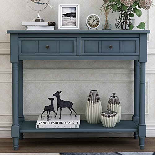 Merax Wood Sofa Table Console Table,Entryway Table Traditional Design with Two Drawers and Bottom Shelf for Living Room,Hallway,Dining Room,Navy Merax