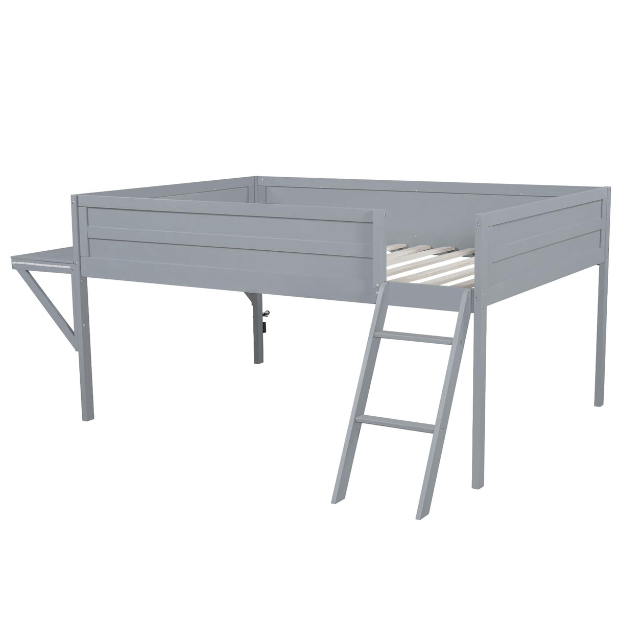 Full Size Wood Loft Bed with Desk and LED, Gaming Loft Bed Frame with Ladder, Grey MaiDeHaoo