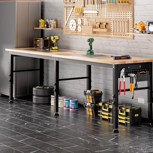 96'' Adjustable Workbench, 2500 LBS Load Capacity Heavy Duty Workstation with Power Outlets & Pegboard, Rubber Wood Top Worktable for Garage, Office,Workshop, Commercial Antifir