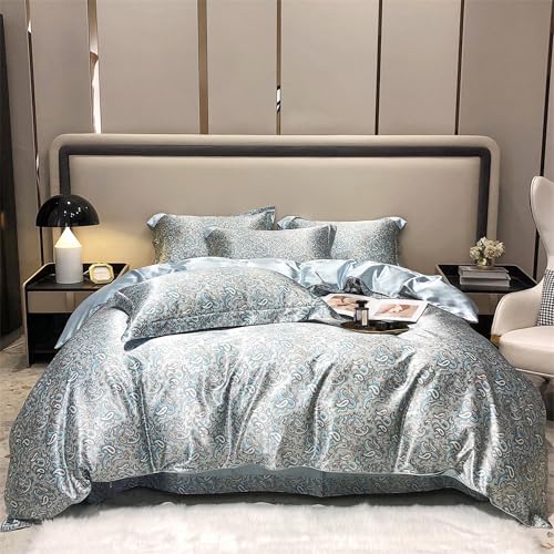 TodaFre Blue Duvet Cover Queen Size Set, 3 Pieces Lightweight Satin Bedding Set - 1 Cashew Printed Duvet Cover 90x90 Inches with Zipper Closure, 2 Pillowcases TodaFre